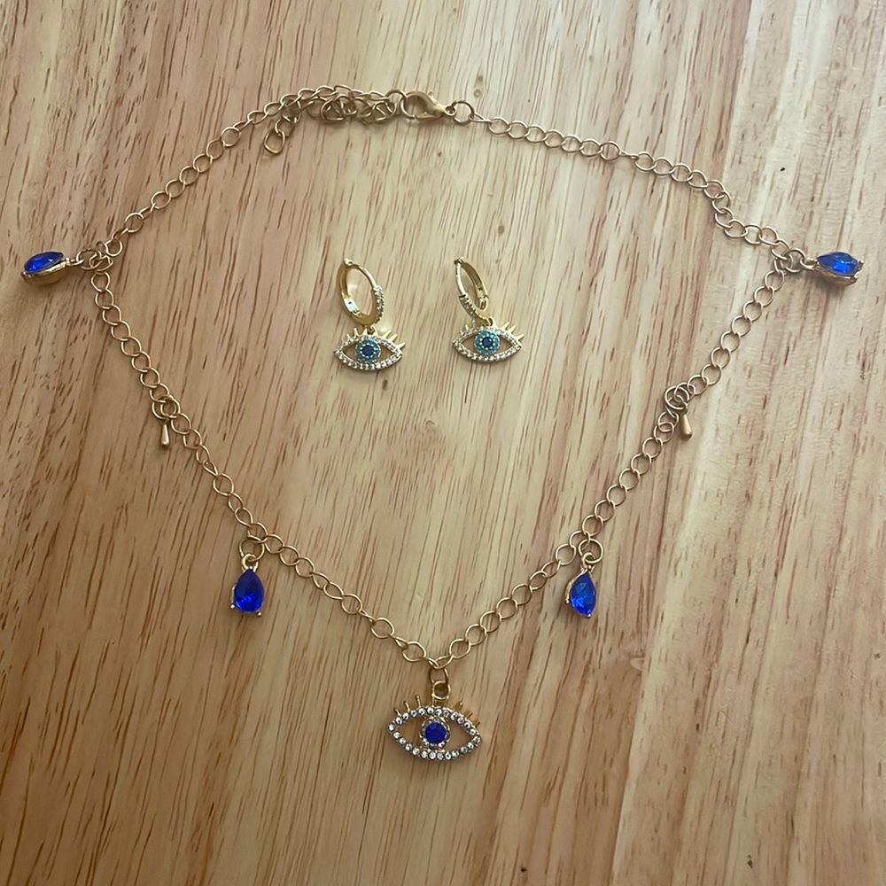 Evil Eye Jewelry Set Necklace and Earrings Gold Charm Blue Spiritual Protection